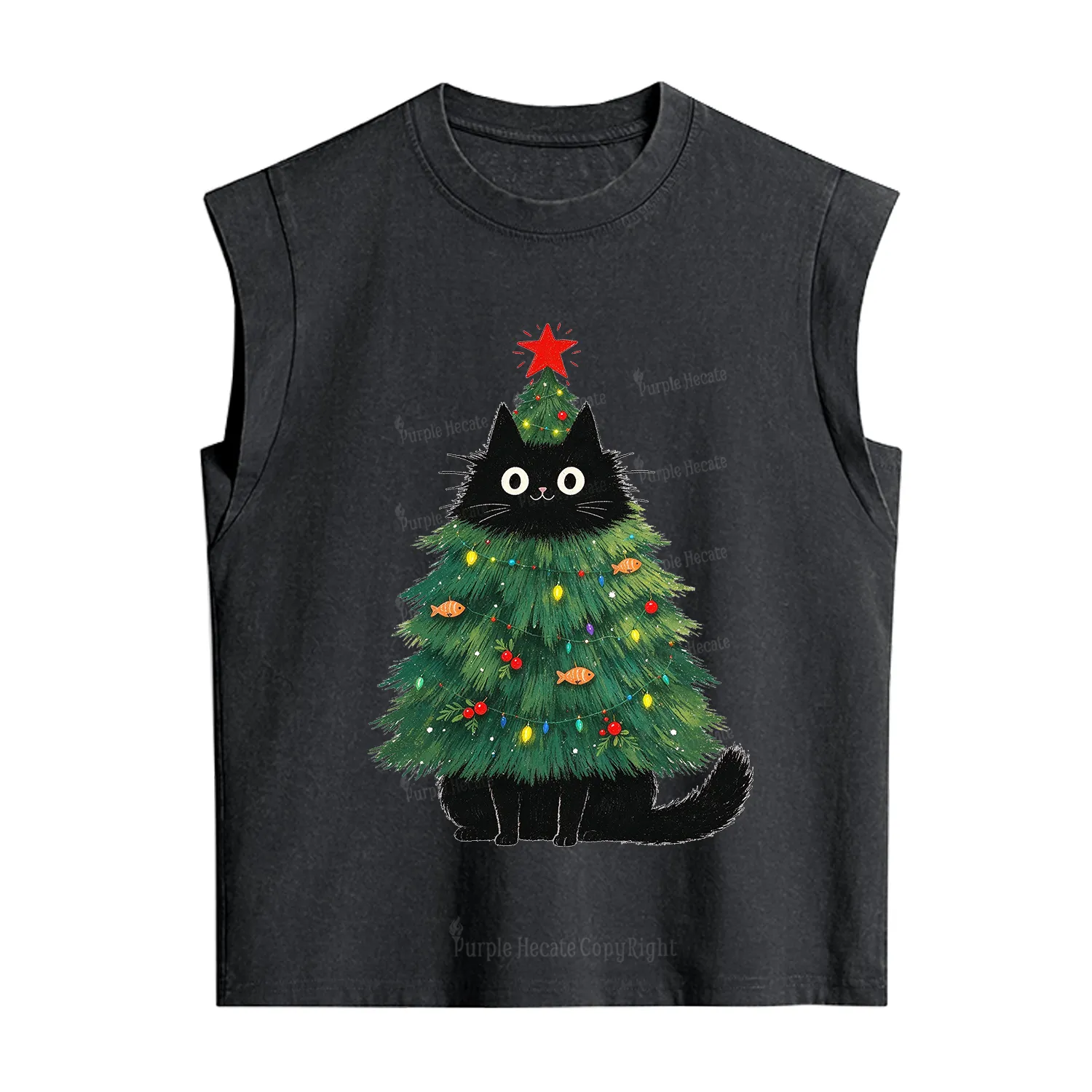 Purplehecate Black Cat Christmas Tree Vintage Washed Tank