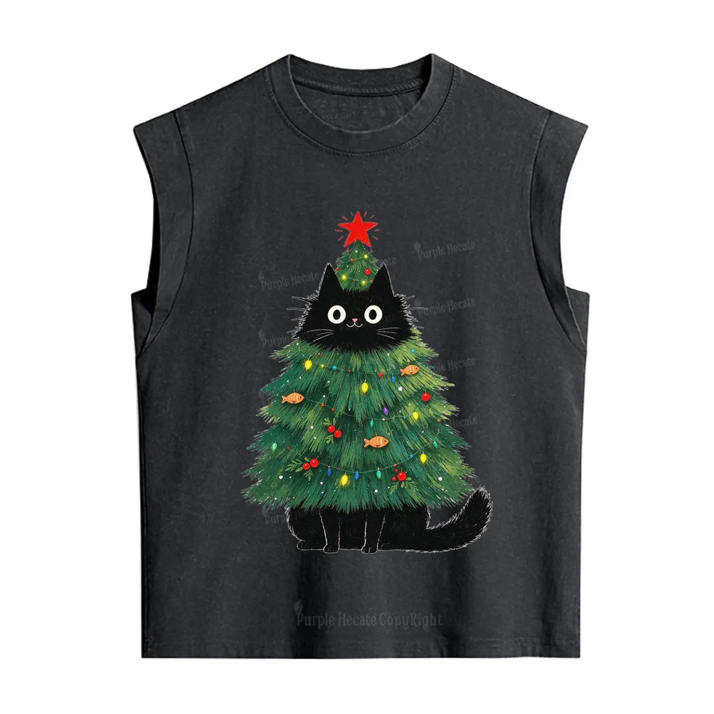 Purplehecate Black Cat Christmas Tree Vintage Washed Tank
