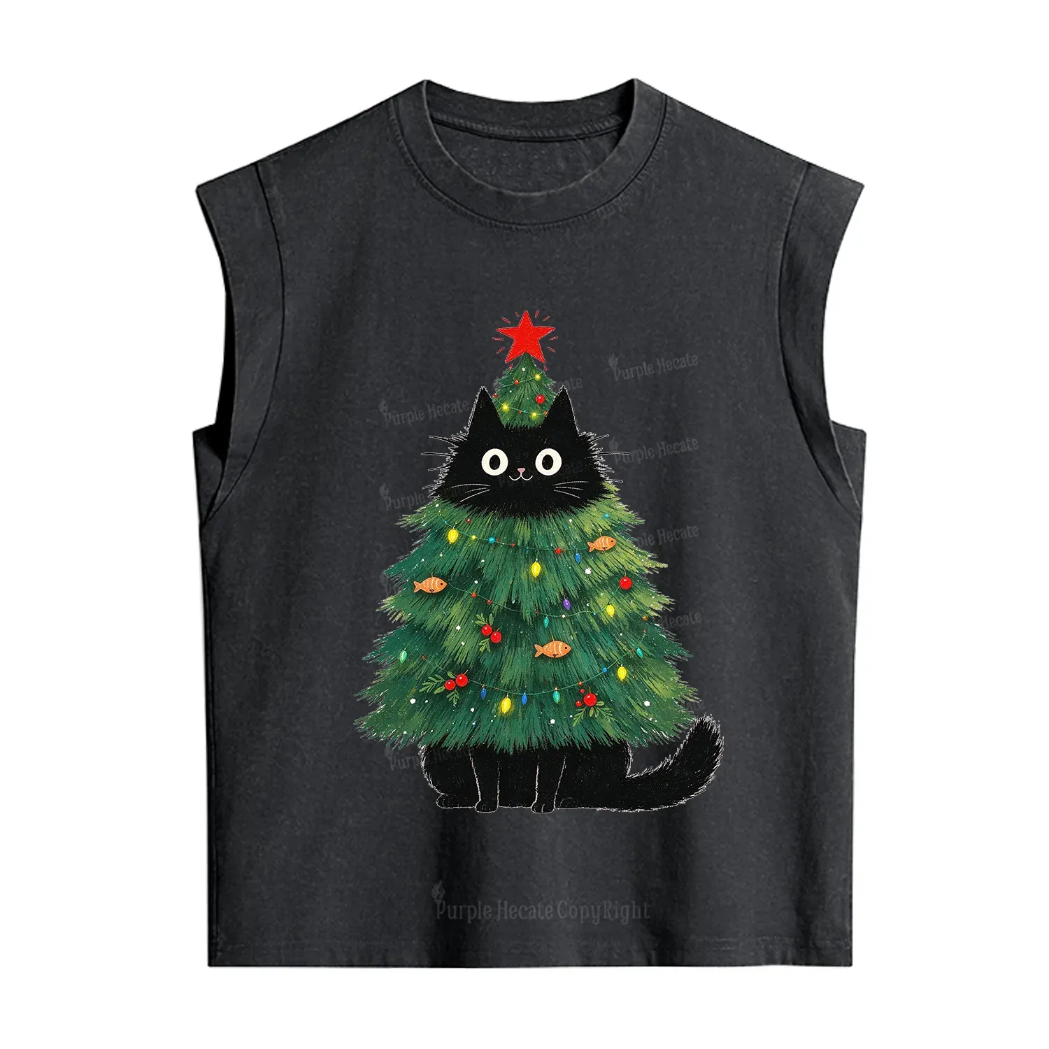 Purplehecate Black Cat Christmas Tree Vintage Washed Tank