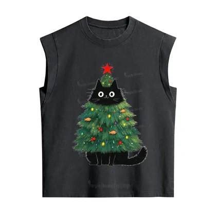 Purplehecate Black Cat Christmas Tree Vintage Washed Tank