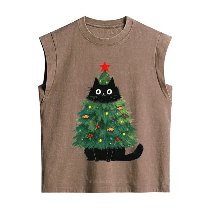 Purplehecate Black Cat Christmas Tree Vintage Washed Tank