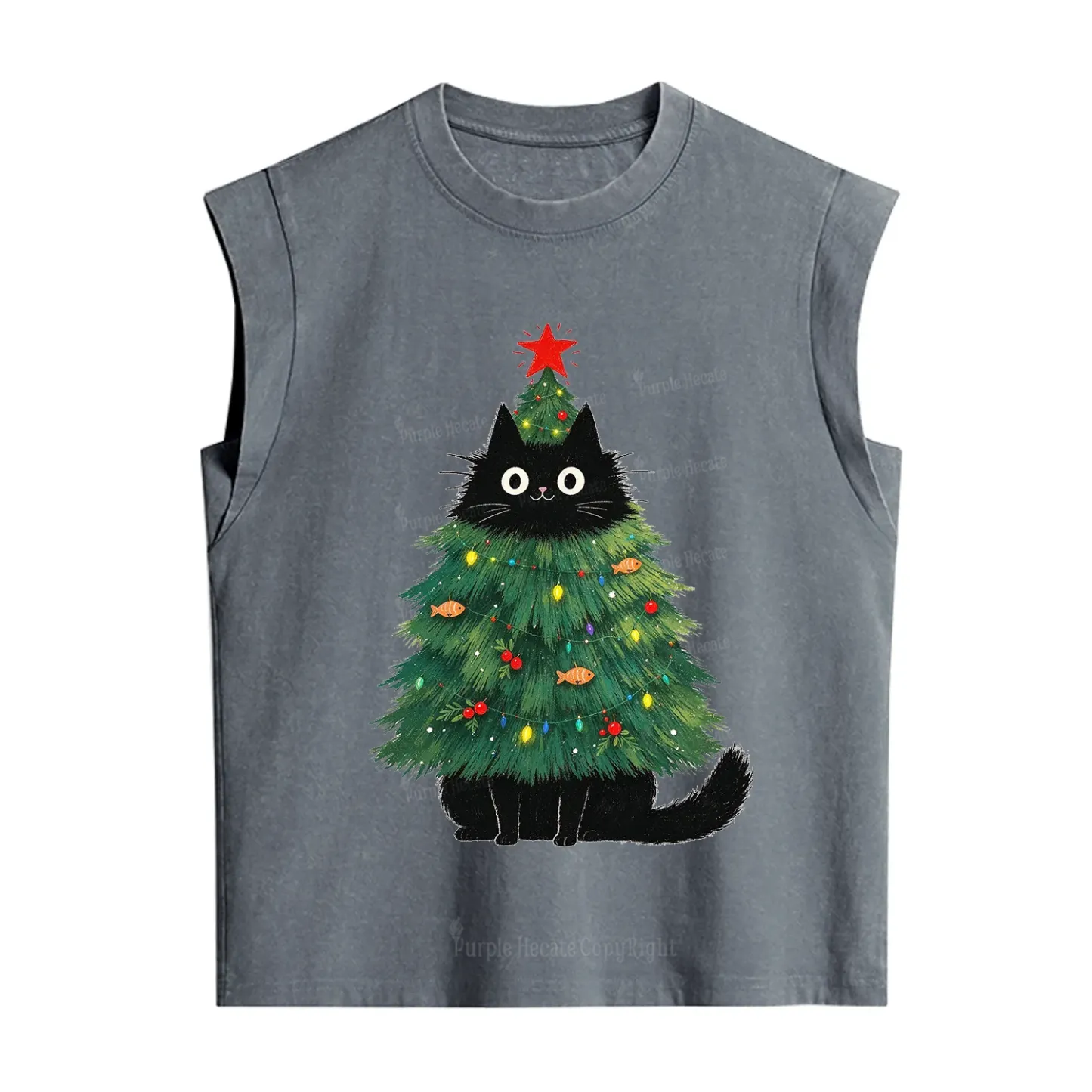 Purplehecate Black Cat Christmas Tree Vintage Washed Tank