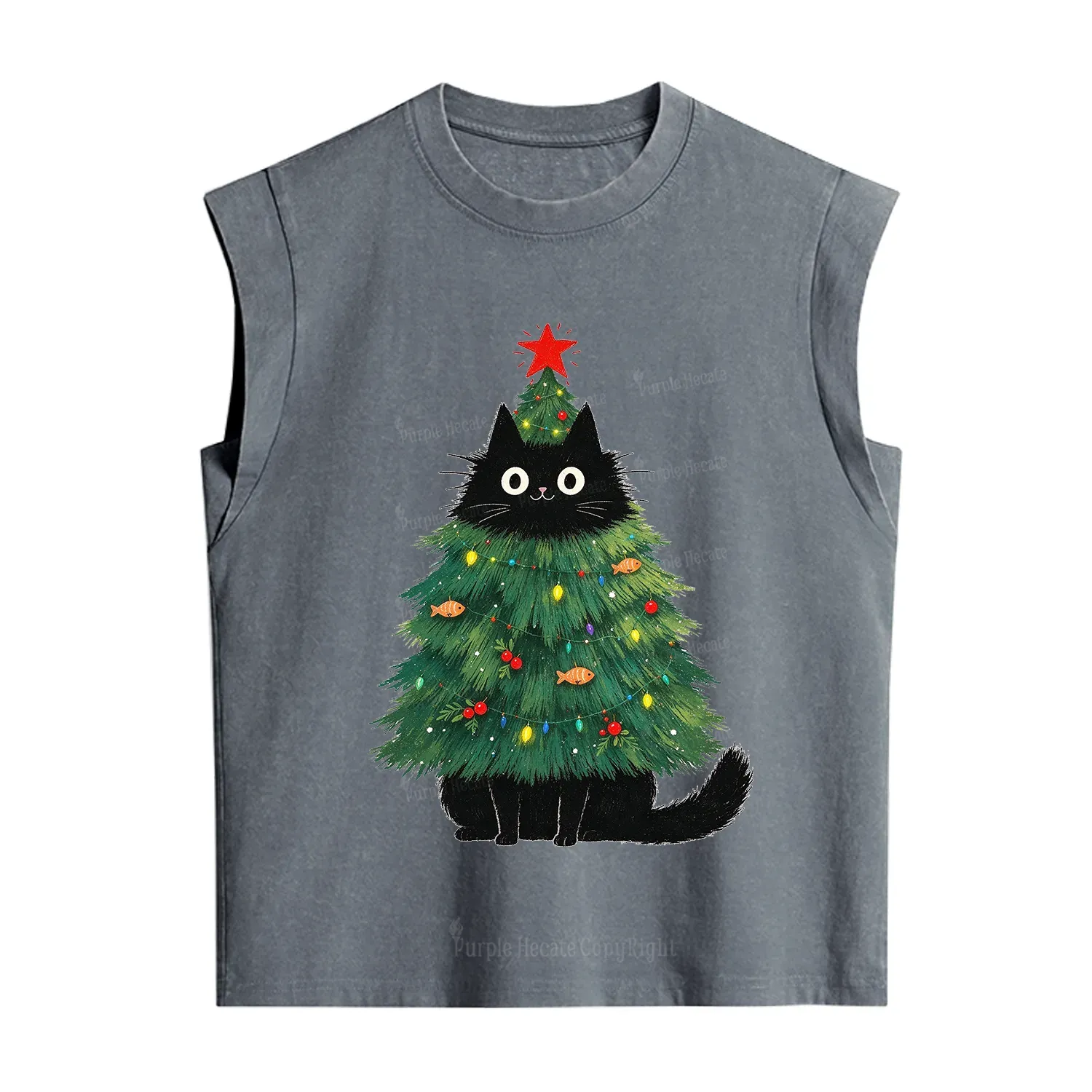 Purplehecate Black Cat Christmas Tree Vintage Washed Tank