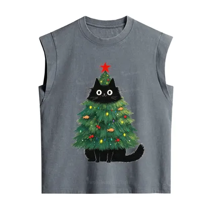 Purplehecate Black Cat Christmas Tree Vintage Washed Tank