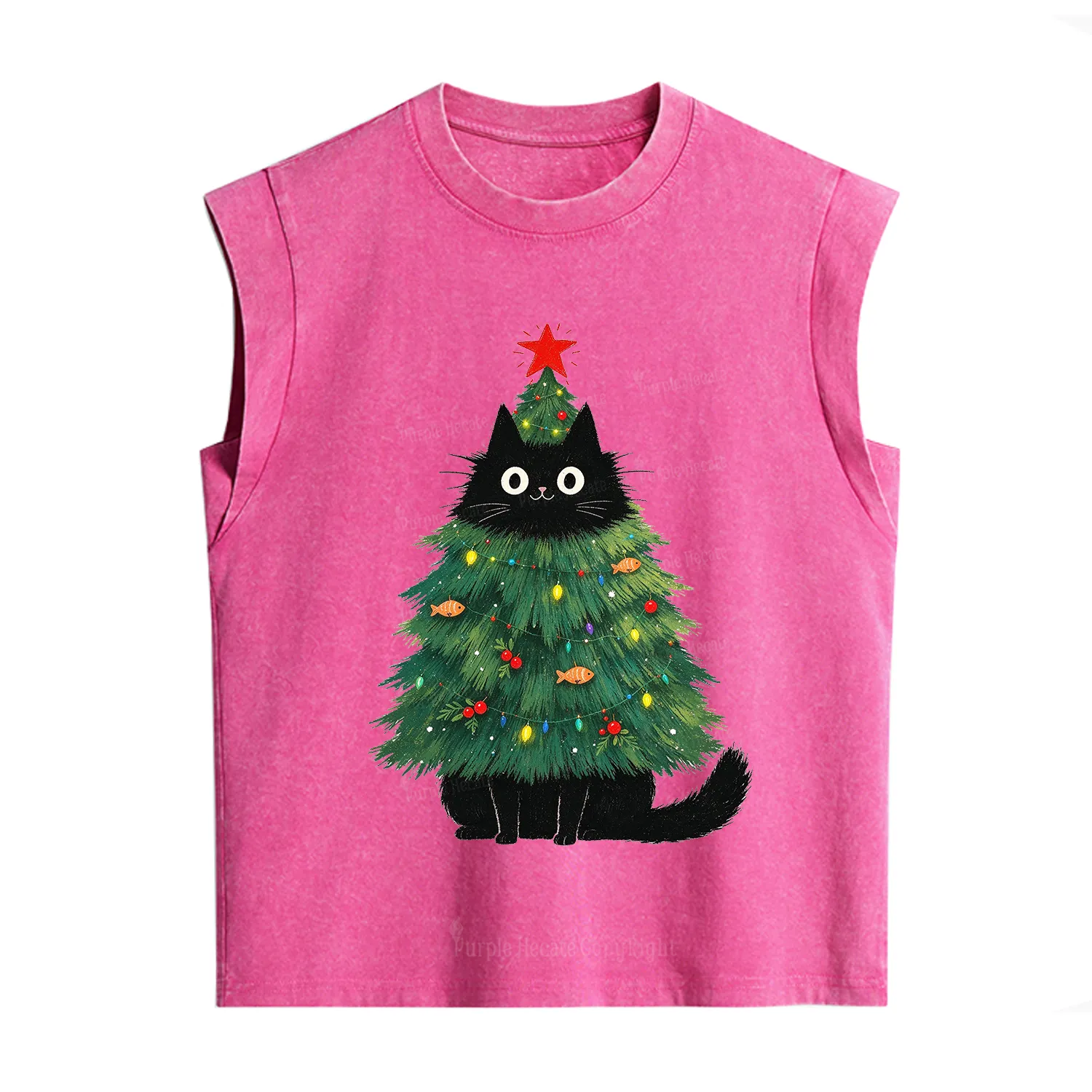 Purplehecate Black Cat Christmas Tree Vintage Washed Tank