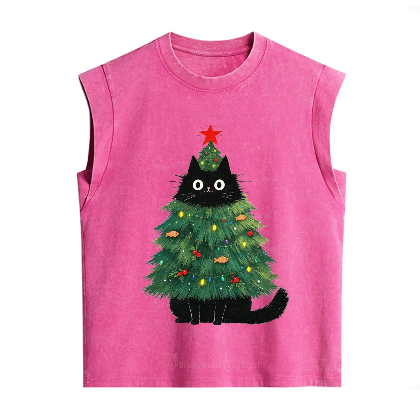 Purplehecate Black Cat Christmas Tree Vintage Washed Tank