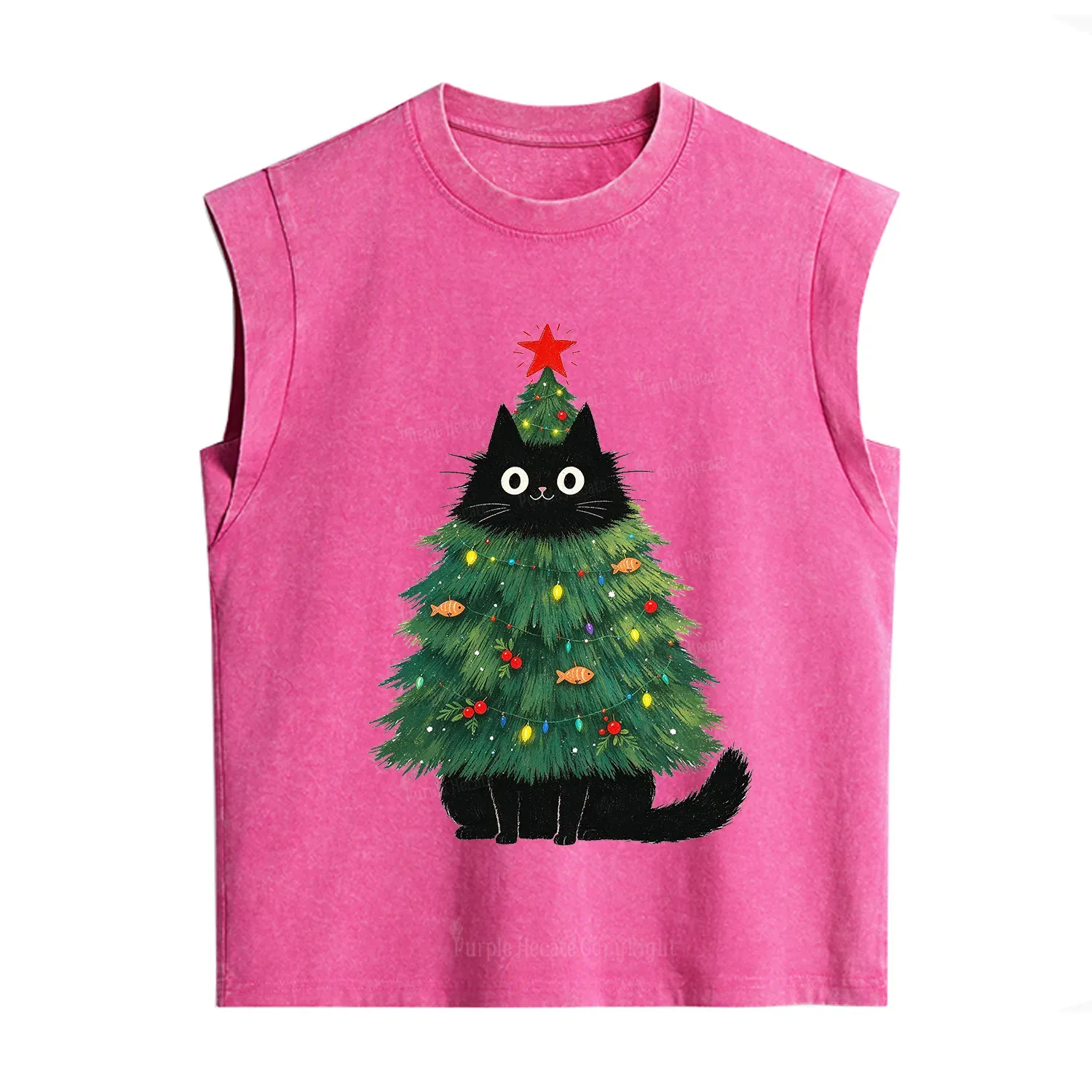 Purplehecate Black Cat Christmas Tree Vintage Washed Tank