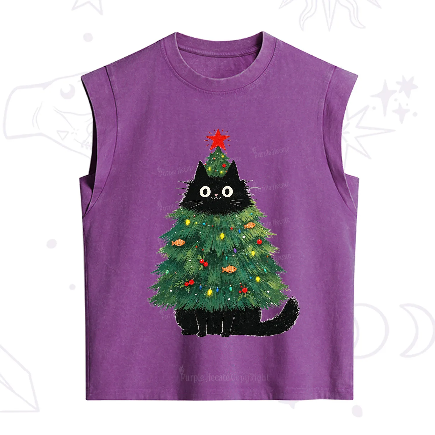 Purplehecate Black Cat Christmas Tree Vintage Washed Tank