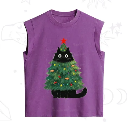 Purplehecate Black Cat Christmas Tree Vintage Washed Tank