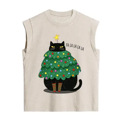 Purplehecate Chonky Black Cat Christmas Tree Vintage Washed Tank