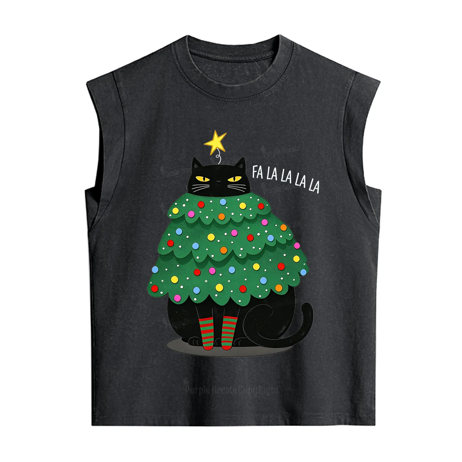 Purplehecate Chonky Black Cat Christmas Tree Vintage Washed Tank