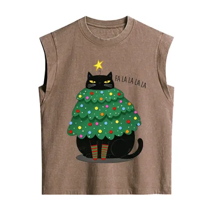 Purplehecate Chonky Black Cat Christmas Tree Vintage Washed Tank