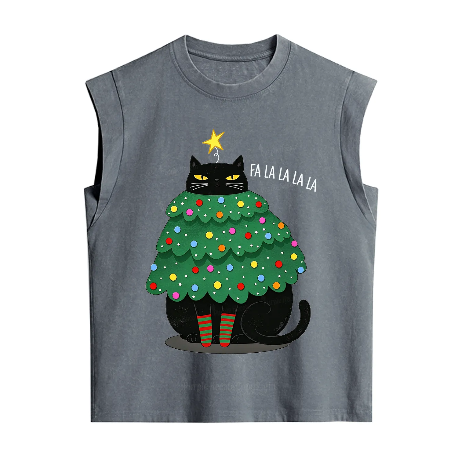 Purplehecate Chonky Black Cat Christmas Tree Vintage Washed Tank