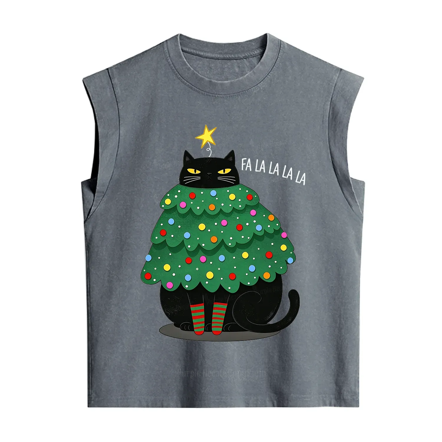Purplehecate Chonky Black Cat Christmas Tree Vintage Washed Tank