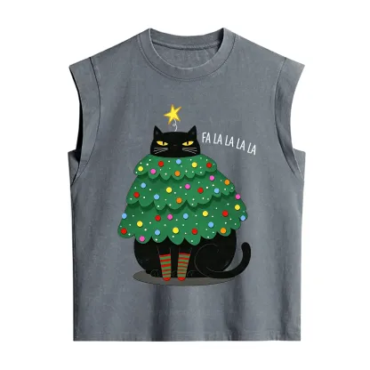 Purplehecate Chonky Black Cat Christmas Tree Vintage Washed Tank