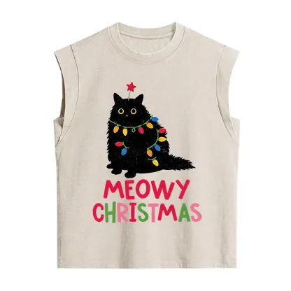Purplehecate Meowy Christmas Black Cat Vintage Washed Tank