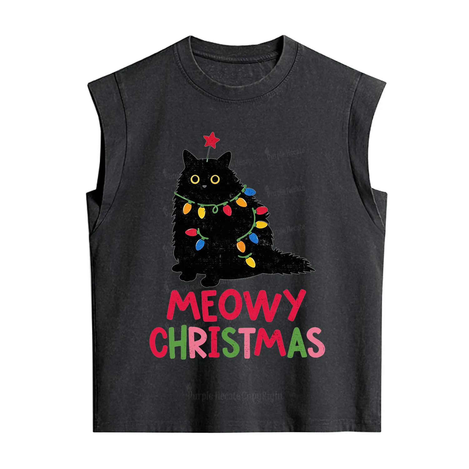 Purplehecate Meowy Christmas Black Cat Vintage Washed Tank
