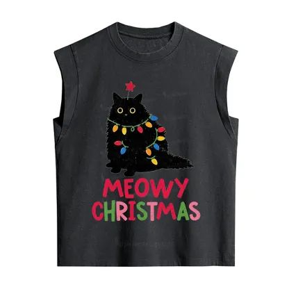 Purplehecate Meowy Christmas Black Cat Vintage Washed Tank