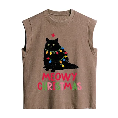 Purplehecate Meowy Christmas Black Cat Vintage Washed Tank