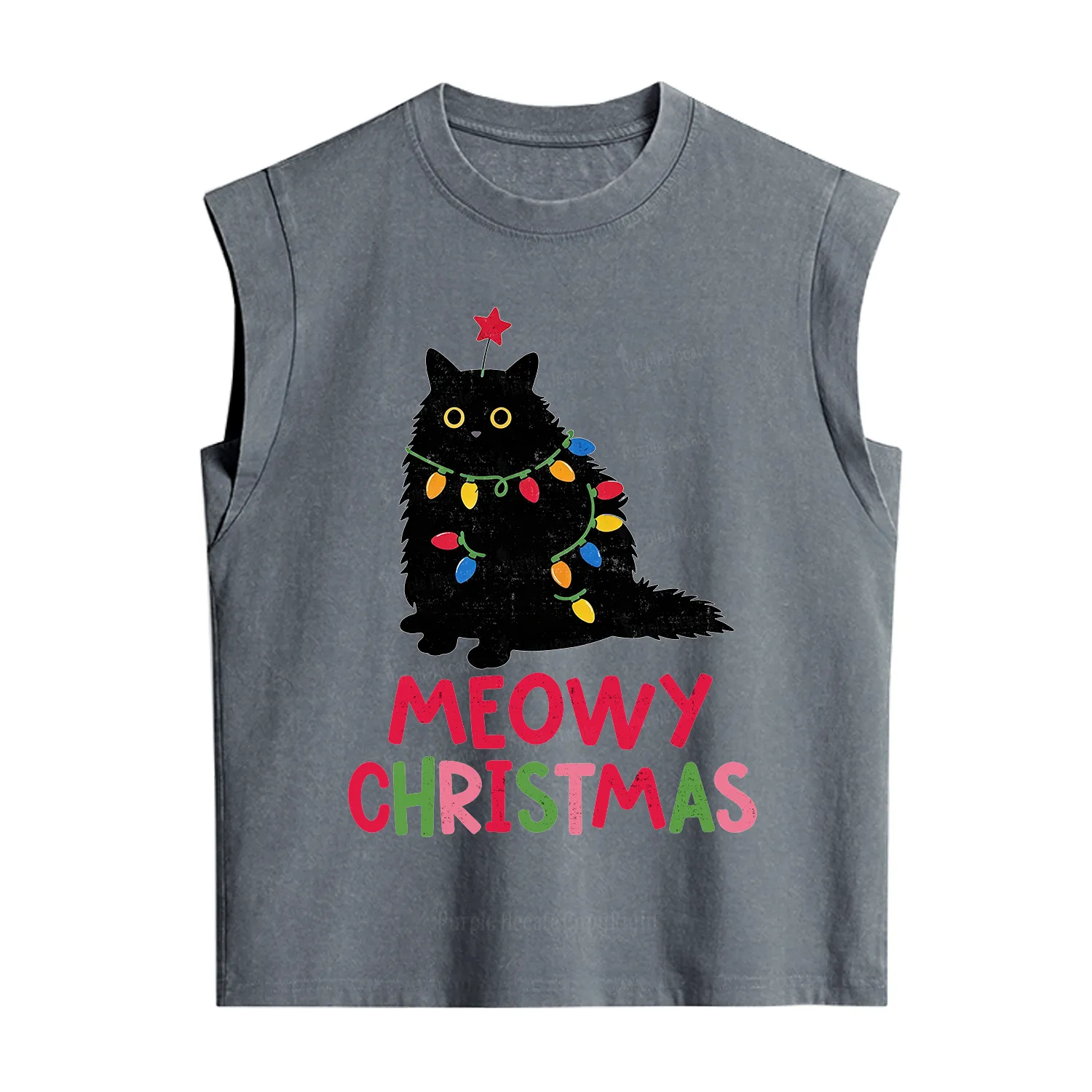 Purplehecate Meowy Christmas Black Cat Vintage Washed Tank