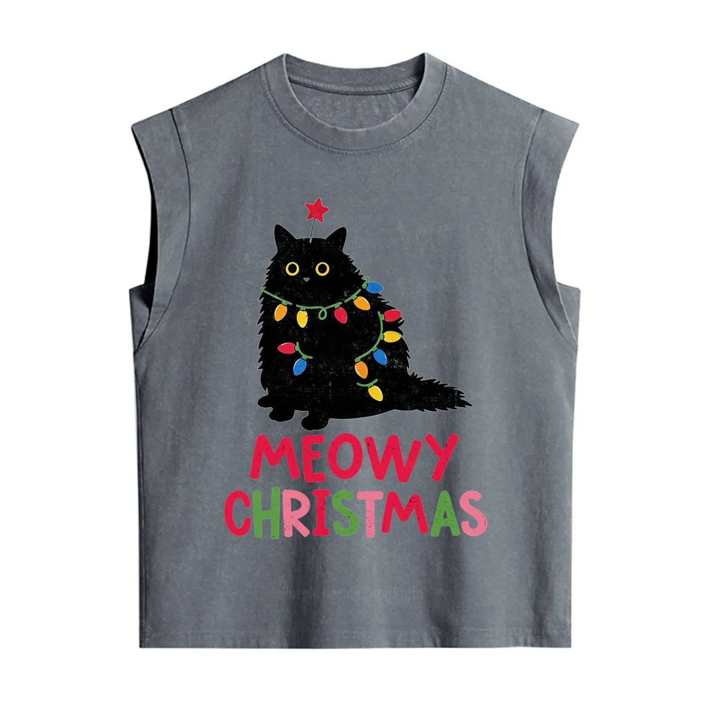 Purplehecate Meowy Christmas Black Cat Vintage Washed Tank
