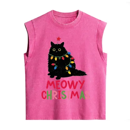 Purplehecate Meowy Christmas Black Cat Vintage Washed Tank
