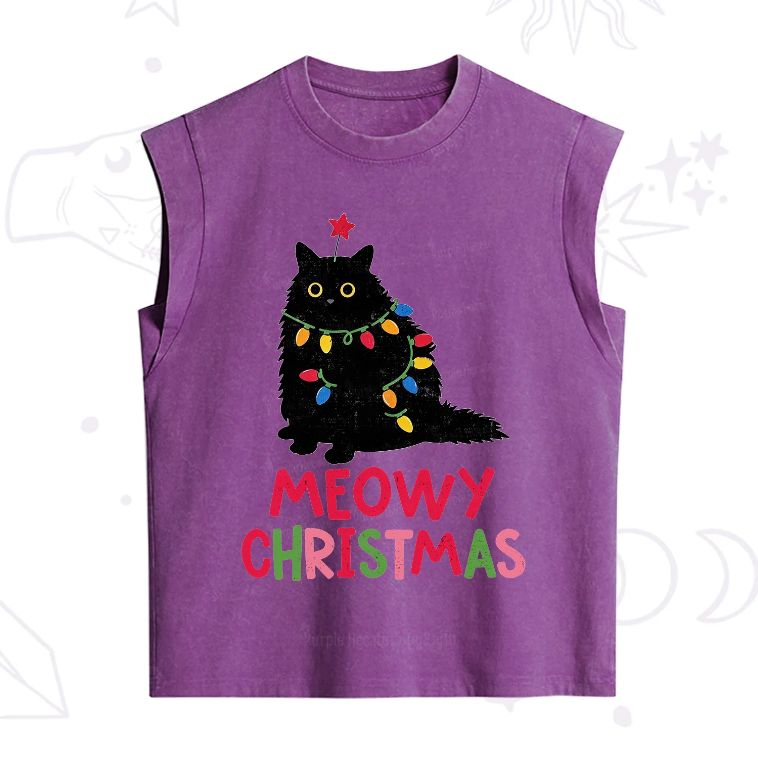 Purplehecate Meowy Christmas Black Cat Vintage Washed Tank