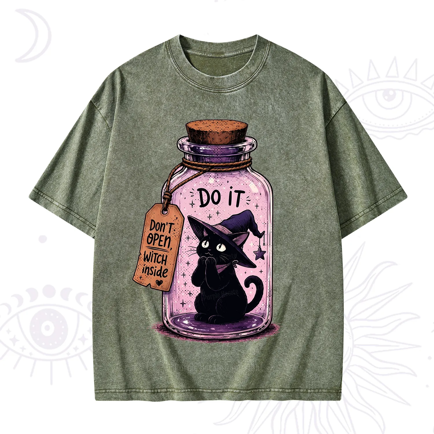 Purplehecate Witchy Cat in a Bottle Washed T-Shirt