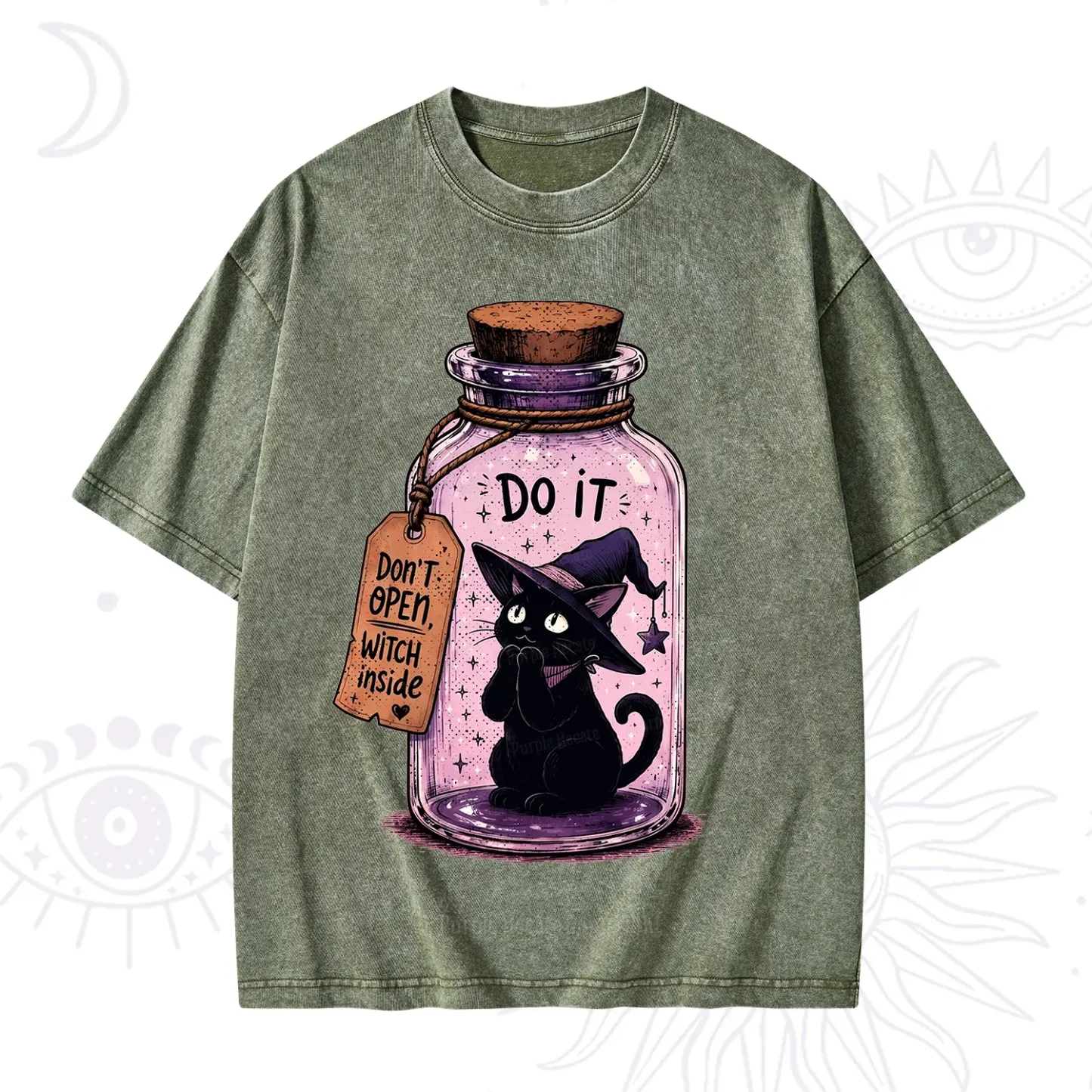 Purplehecate Witchy Cat in a Bottle Washed T-Shirt