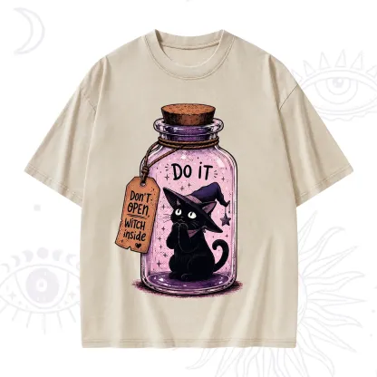 Purplehecate Witchy Cat in a Bottle Washed T-Shirt