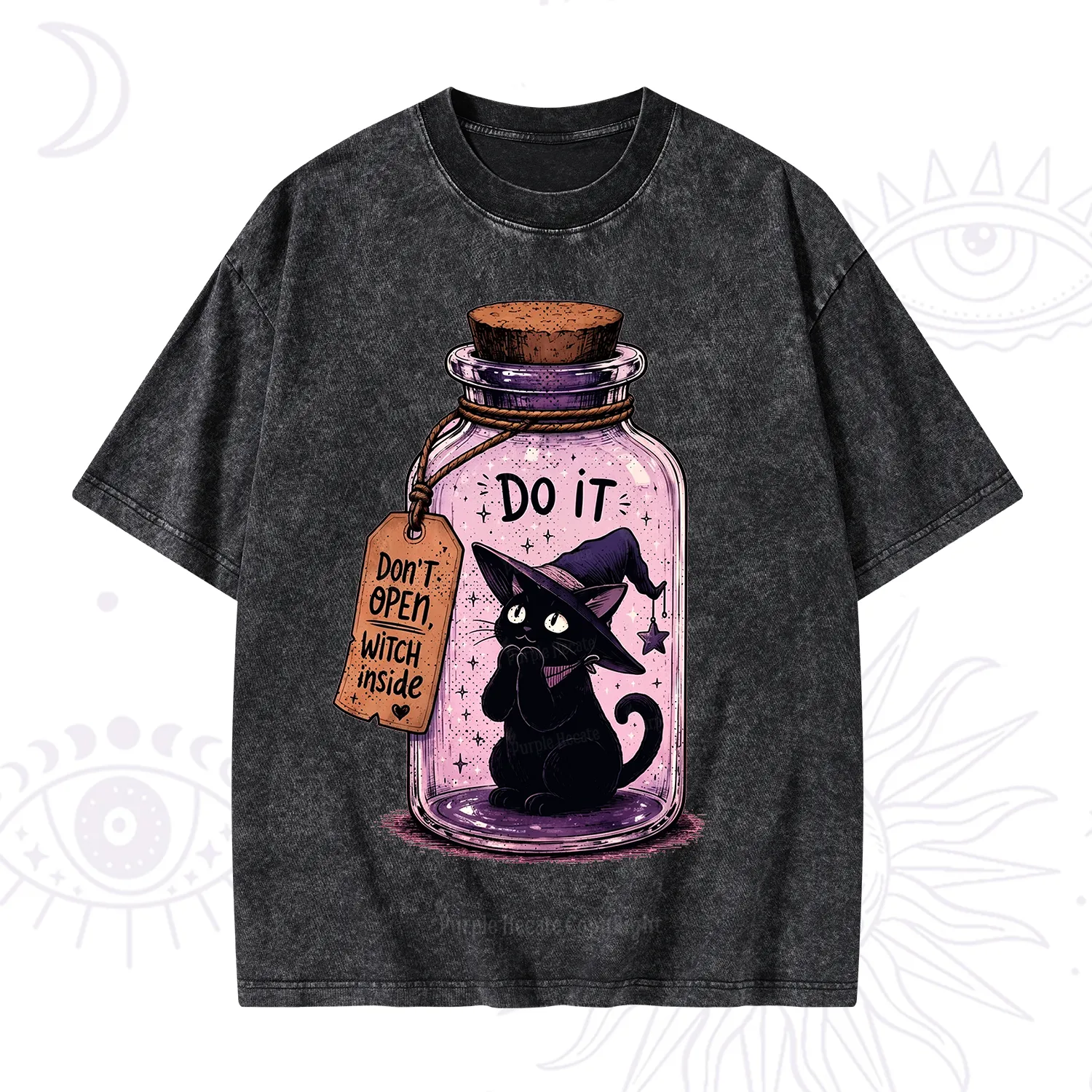 Purplehecate Witchy Cat in a Bottle Washed T-Shirt