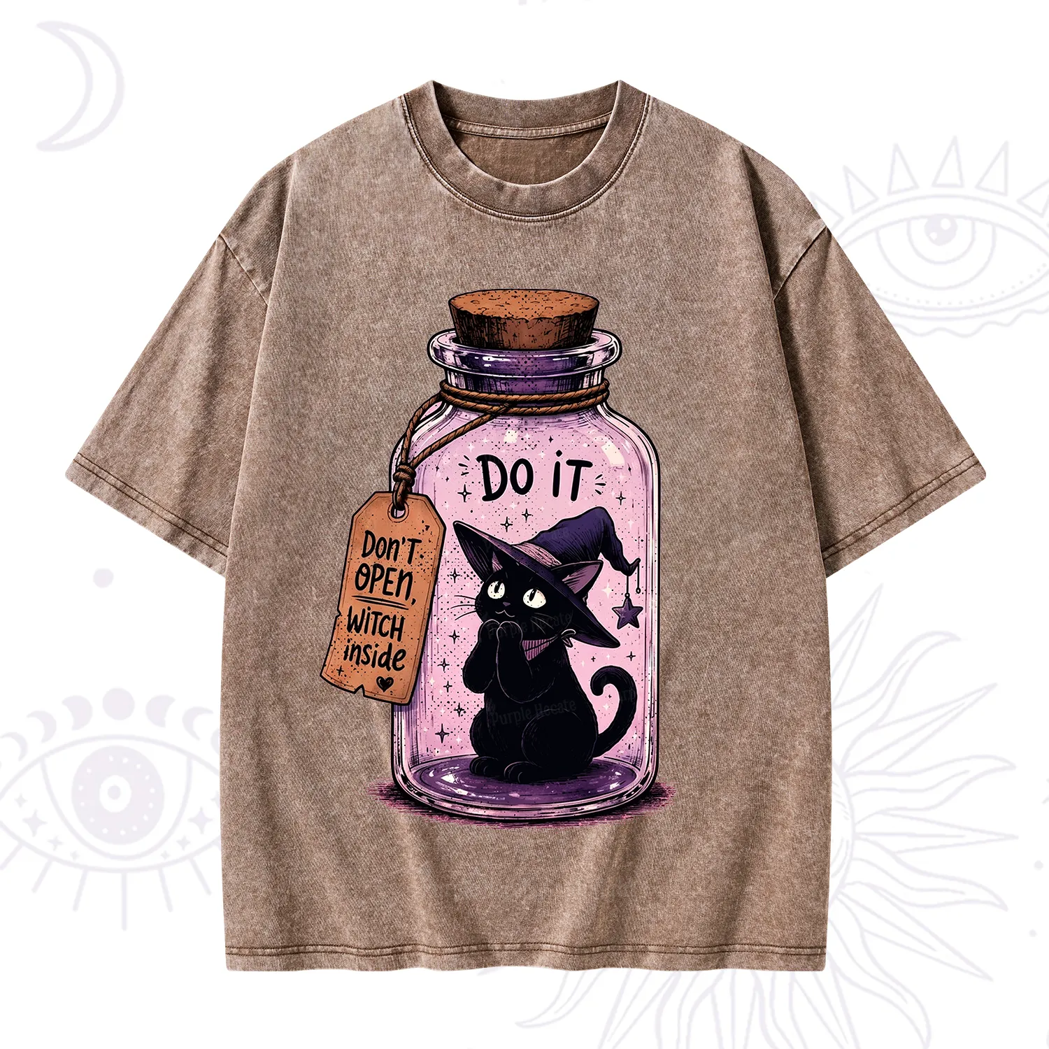 Purplehecate Witchy Cat in a Bottle Washed T-Shirt