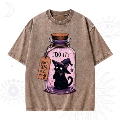 Purplehecate Witchy Cat in a Bottle Washed T-Shirt