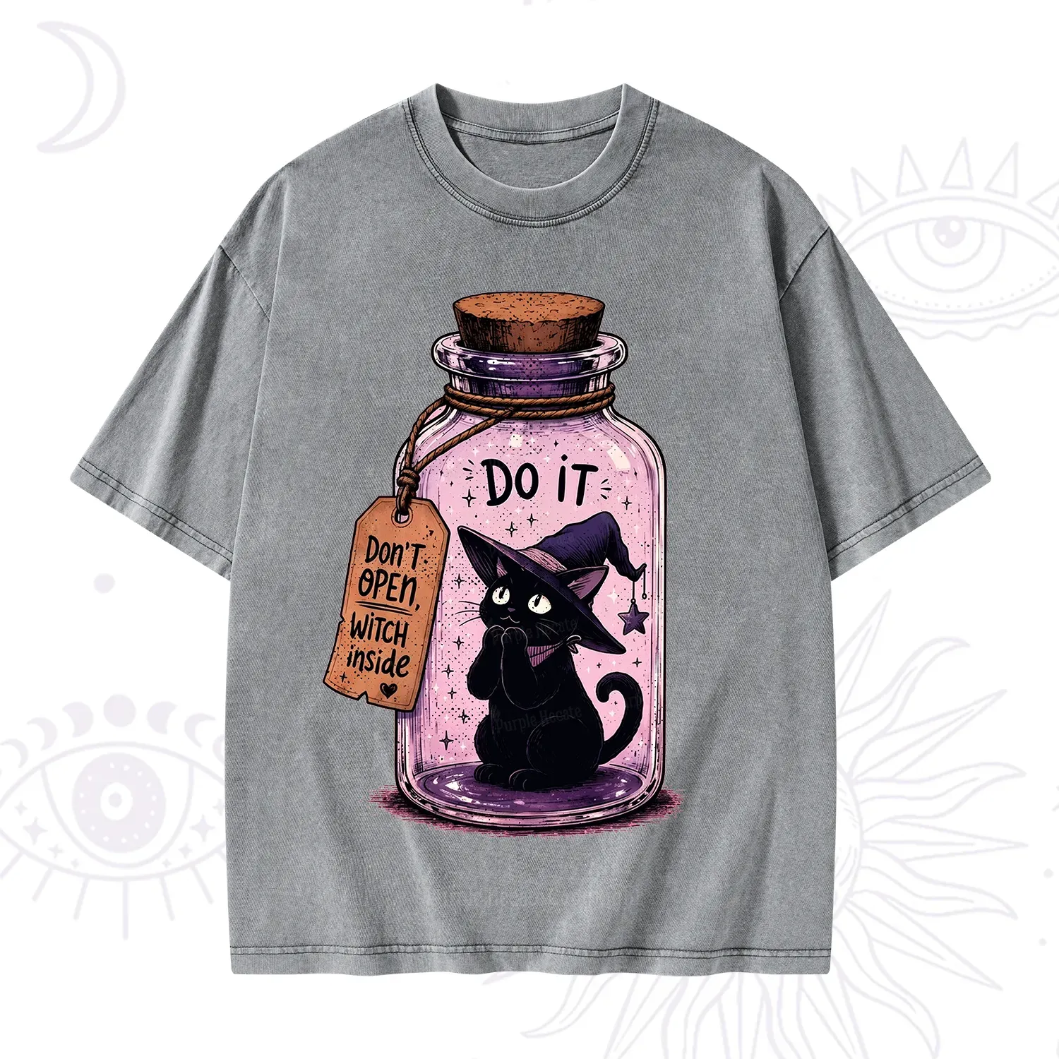 Purplehecate Witchy Cat in a Bottle Washed T-Shirt