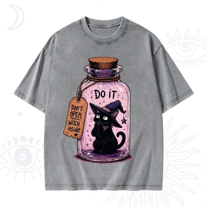 Purplehecate Witchy Cat in a Bottle Washed T-Shirt