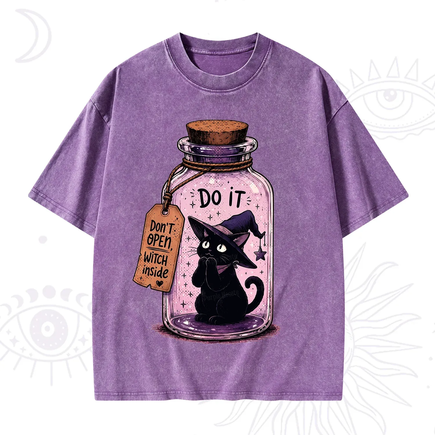 Purplehecate Witchy Cat in a Bottle Washed T-Shirt