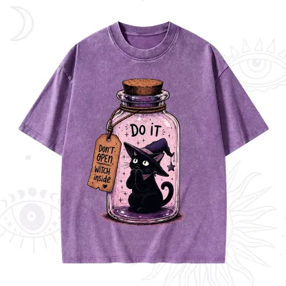 Purplehecate Witchy Cat in a Bottle Washed T-Shirt