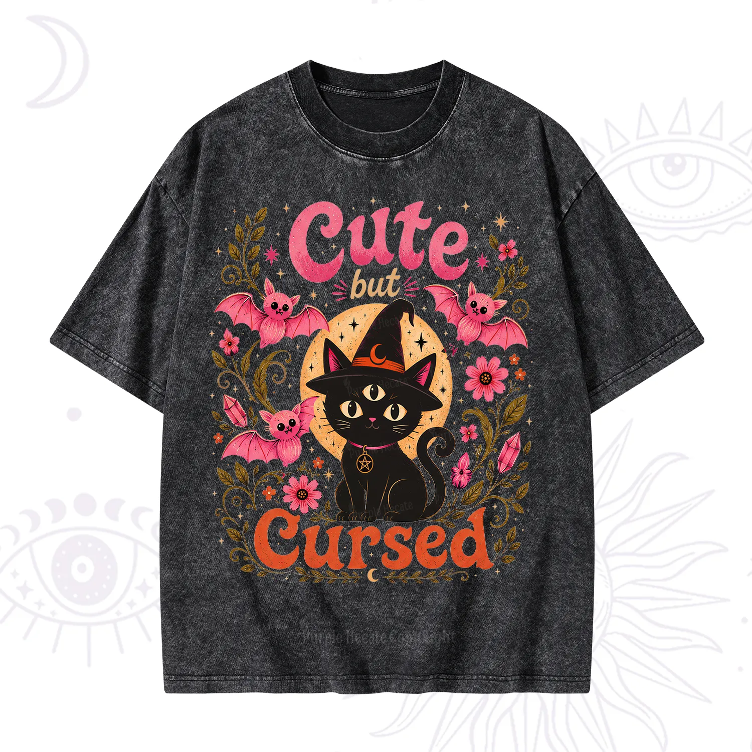 Purplehecate Cute but Cursed Black Cat Washed T-Shirt