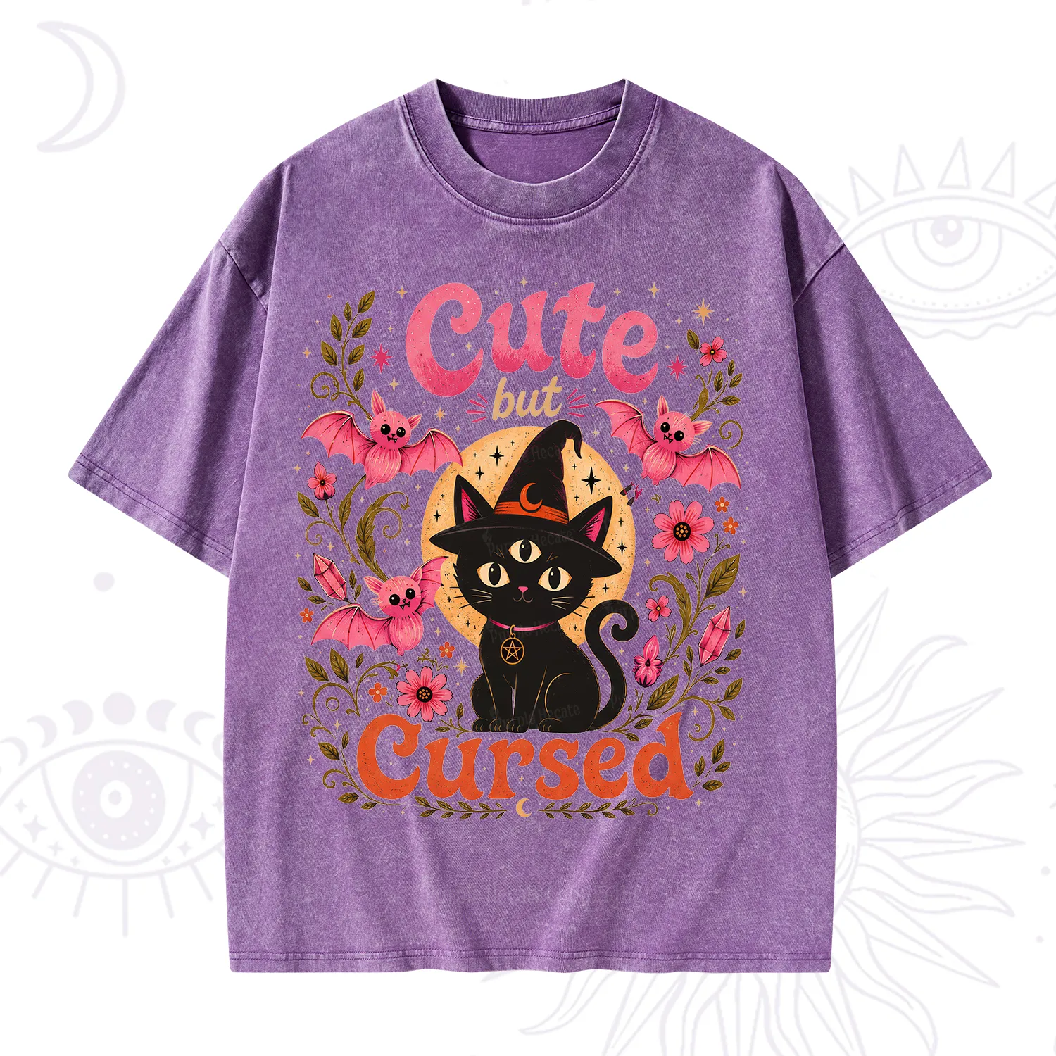 Purplehecate Cute but Cursed Black Cat Washed T-Shirt