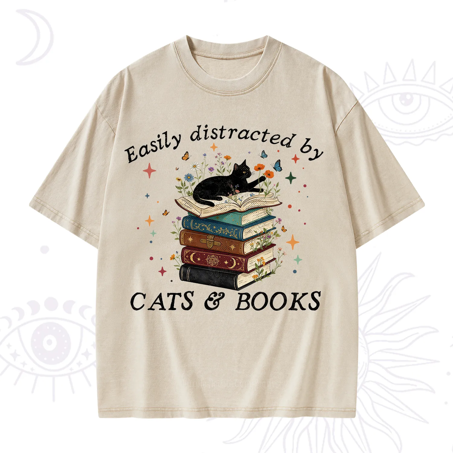 Purplehecate Easily Distracted By Cats And Books Washed T-Shirt