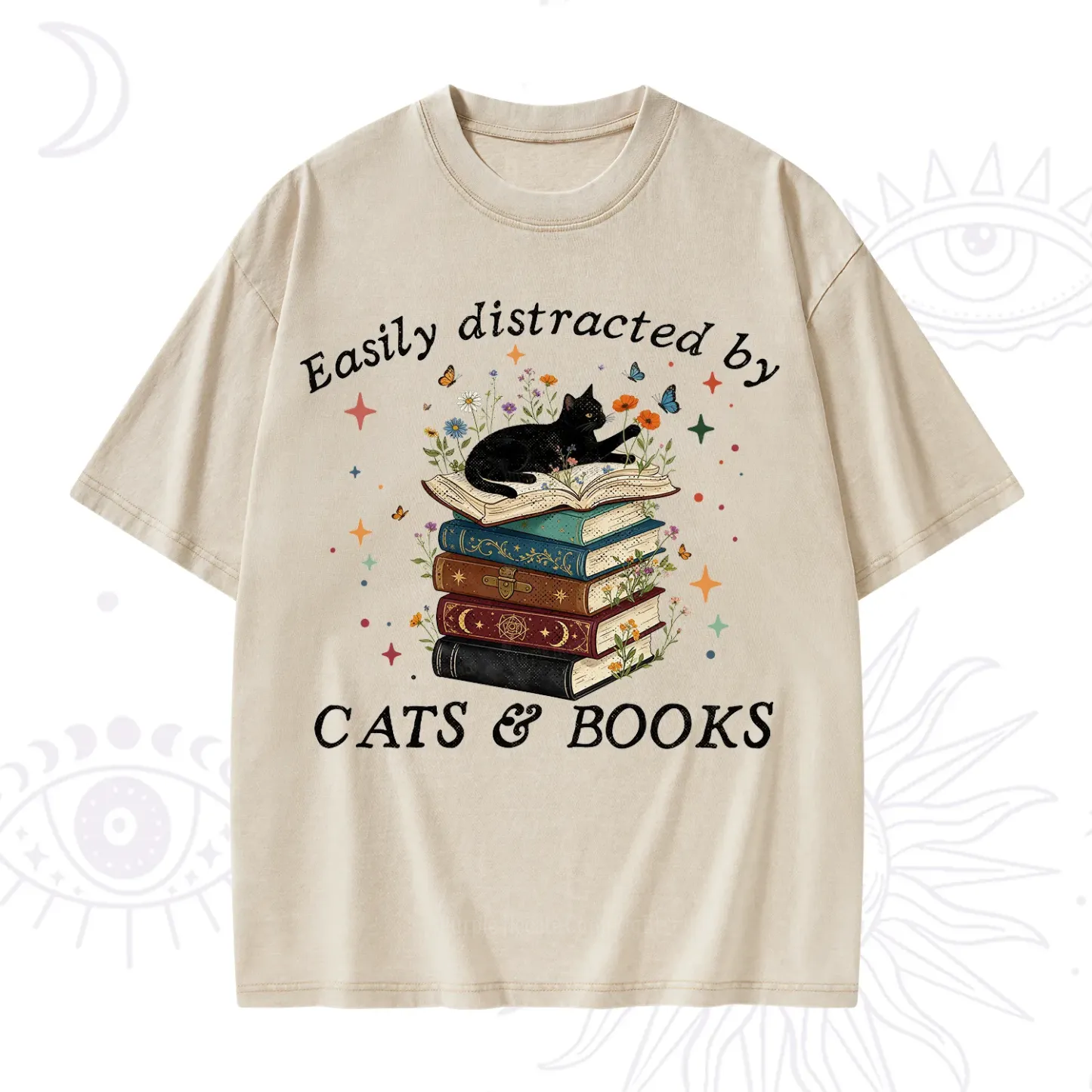 Purplehecate Easily Distracted By Cats And Books Washed T-Shirt