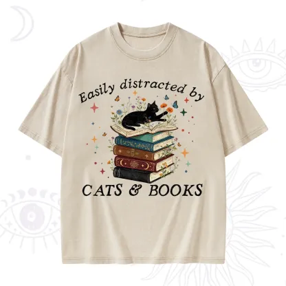 Purplehecate Easily Distracted By Cats And Books Washed T-Shirt