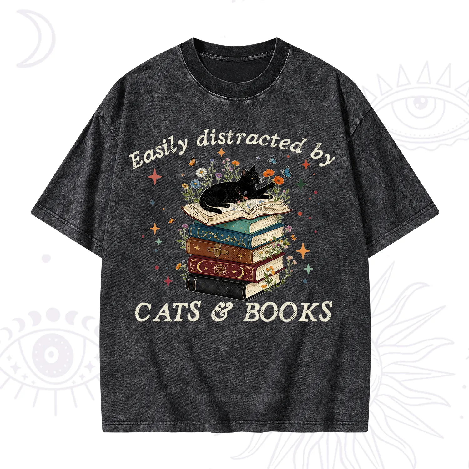 Purplehecate Easily Distracted By Cats And Books Washed T-Shirt