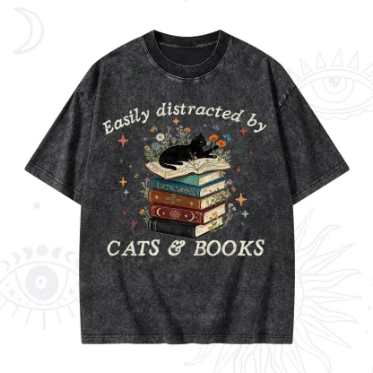 Purplehecate Easily Distracted By Cats And Books Washed T-Shirt