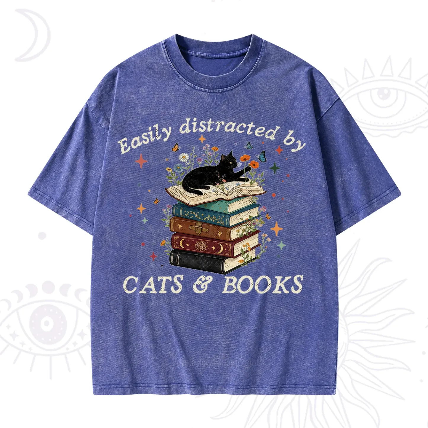 Purplehecate Easily Distracted By Cats And Books Washed T-Shirt