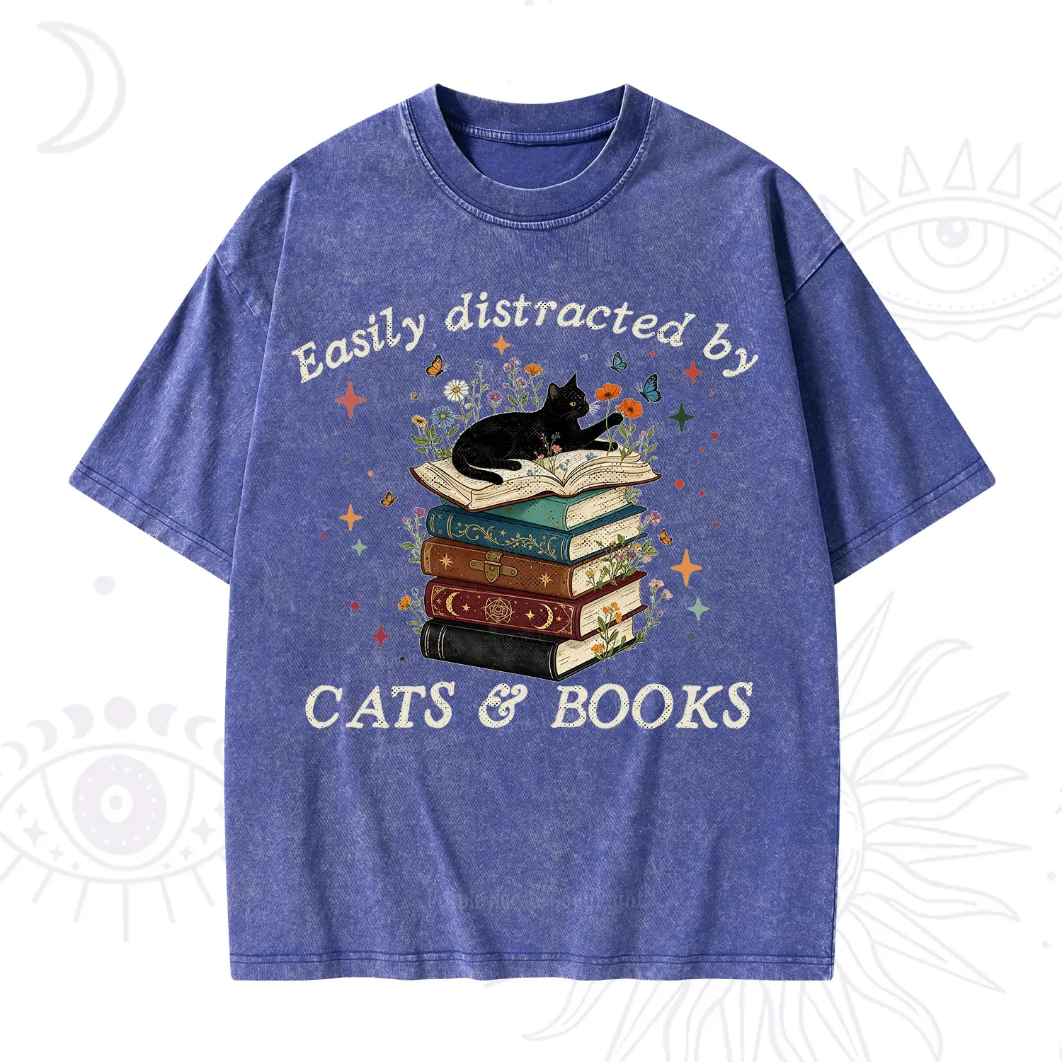 Purplehecate Easily Distracted By Cats And Books Washed T-Shirt
