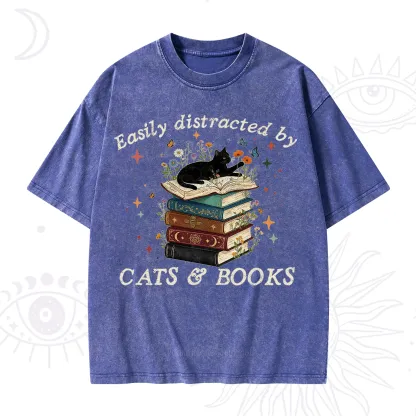 Purplehecate Easily Distracted By Cats And Books Washed T-Shirt