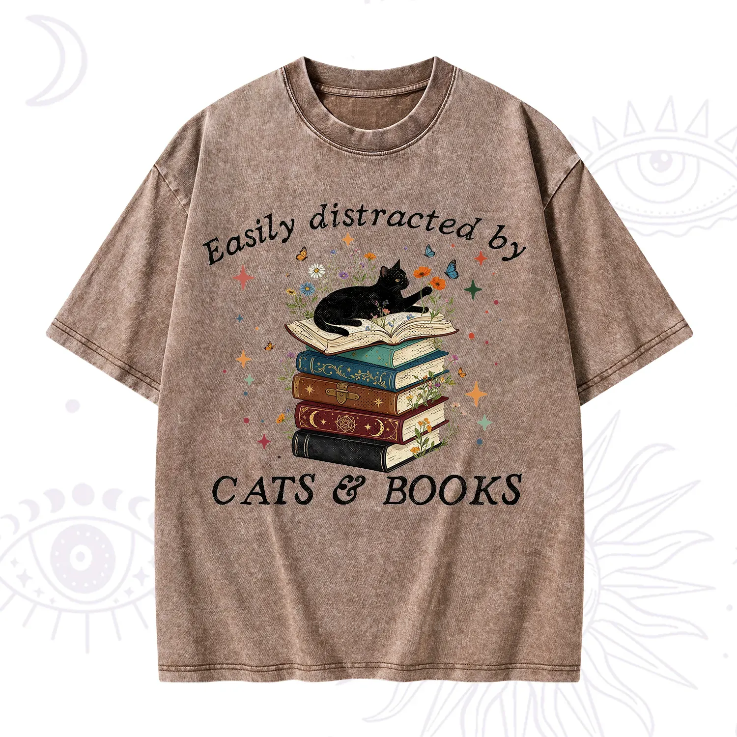 Purplehecate Easily Distracted By Cats And Books Washed T-Shirt