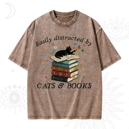 Purplehecate Easily Distracted By Cats And Books Washed T-Shirt