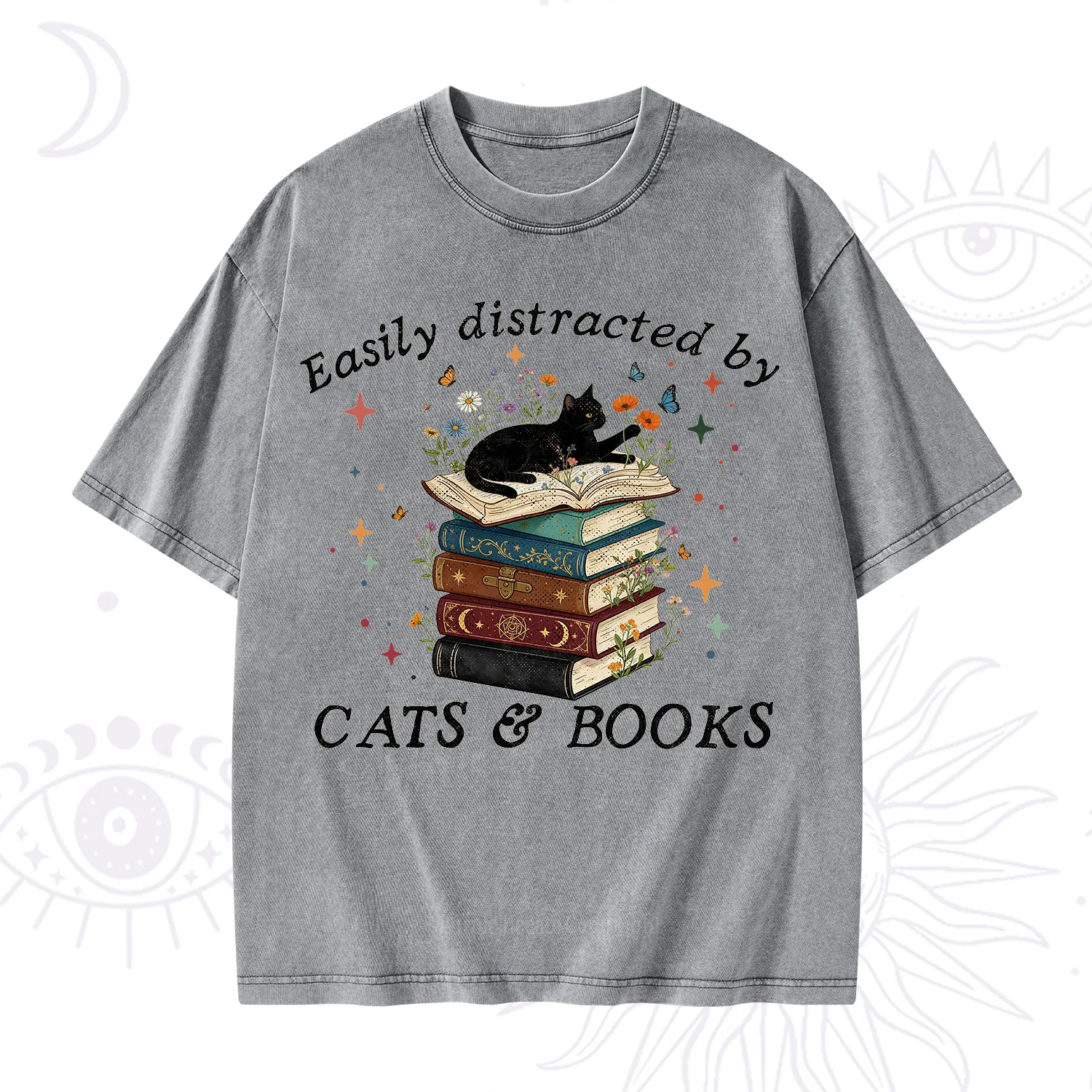 Purplehecate Easily Distracted By Cats And Books Washed T-Shirt
